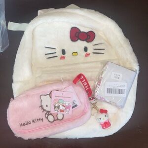 New hello Kitty backpack bundle, fuzzy, keychain, wallet, make up pencil case